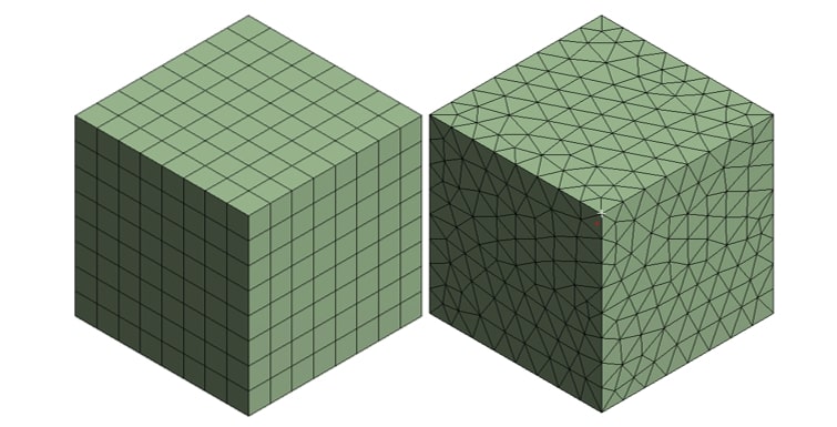 Một vật được chia lưới đồng nhất với các phần tử lục diện (trái) và các phần tử tứ diện (phải).