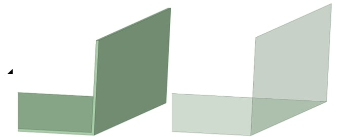 Vật thể khối (trái) được thay thế bằng vật thể bề mặt (tấm mỏng) (phải) bằng việc sử dụng công cụ "midsurface" trong Ansys SpaceClaim.