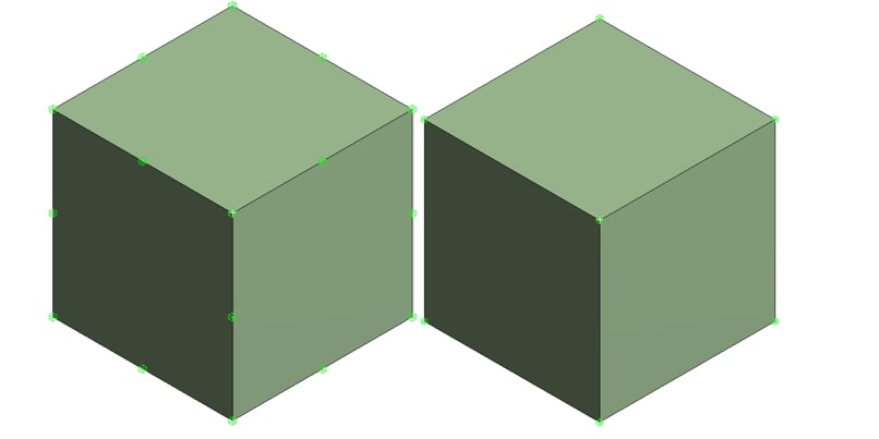 Một phần tử bậc hai (trái) và một phần tử tuyến tính (phải). Các nút được đánh dấu màu xanh lá cây. Chú ý các nút ở giữa các cạnh của phần tử bậc hai.