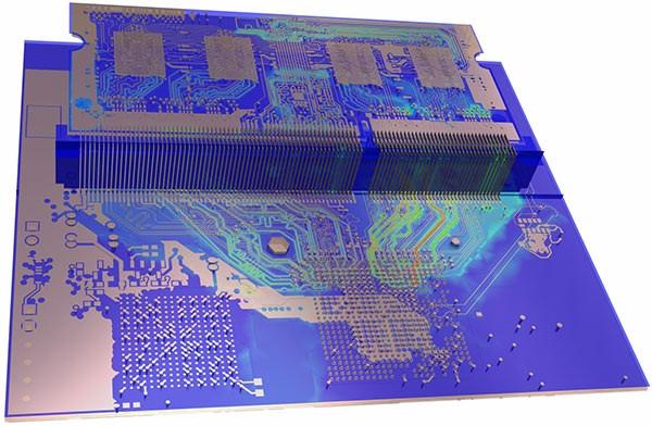 Mô phỏng điện từ của một thiết kế bảng mạch in kết hợp tám gói BGA chip lật hai lớp gắn trên bảng SODIMM, được cắm vào đầu nối gắn trên bo mạch chủ.