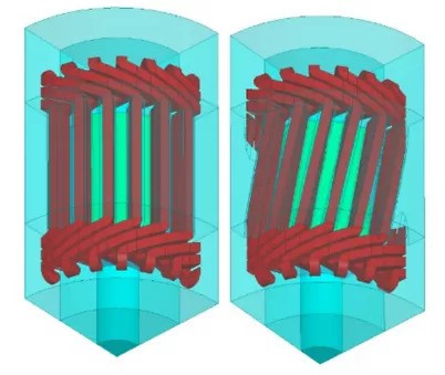 Một phần hình học 3D của thiết kế máy điện cho thấy các rãnh stato thẳng (trái) và các rãnh stato xiên (phải).